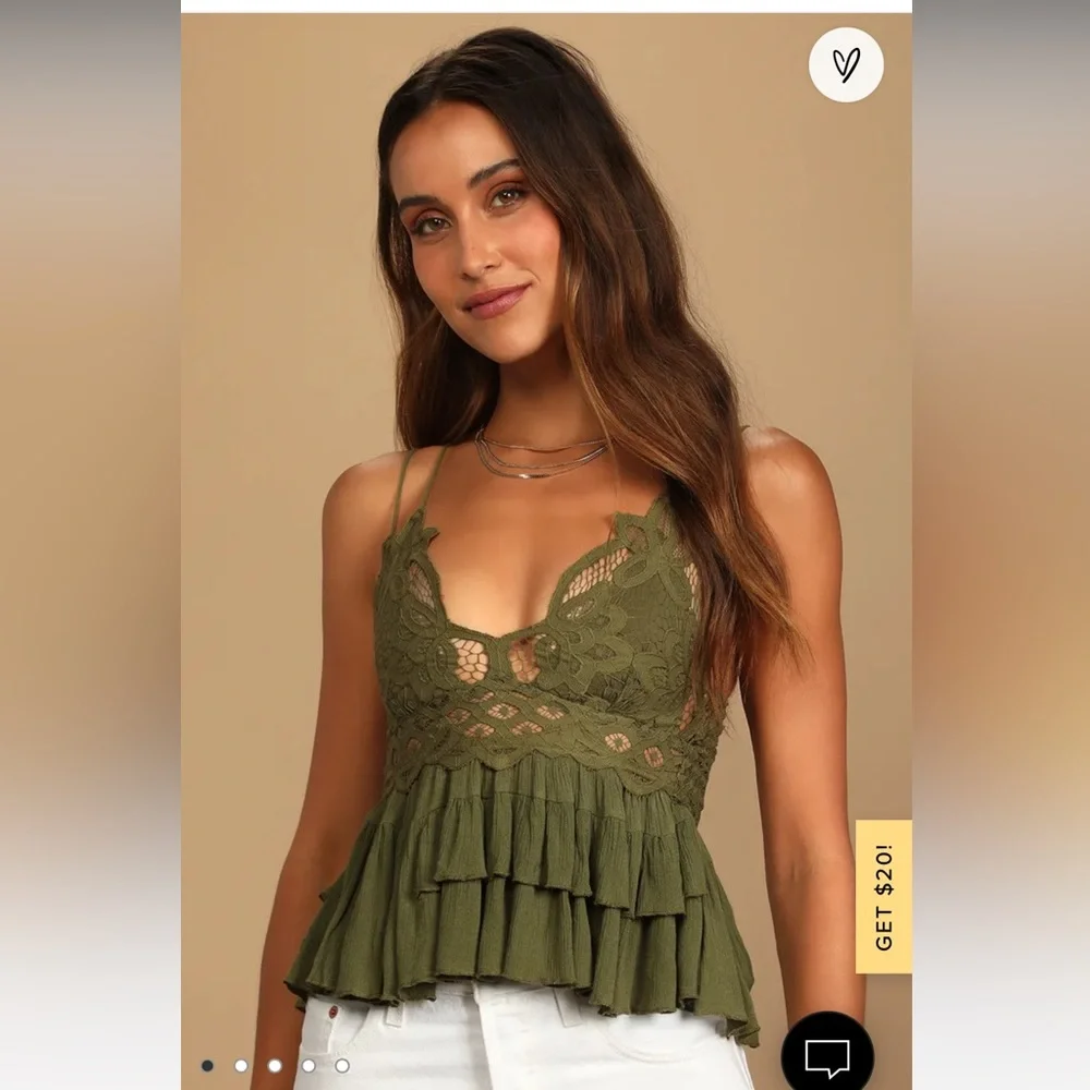 FREE PEOPLE Adella Cami Olive Green Lace Ruffled Tank Top SIZE S
